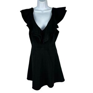 Lulus Womens Black Ruffled V-Neck Sleeveless Fit & Flare Dress Medium